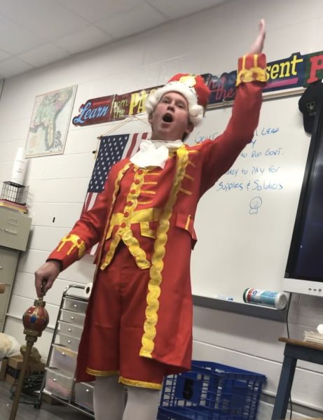 Mr. Elliot dressed as King George during class.  