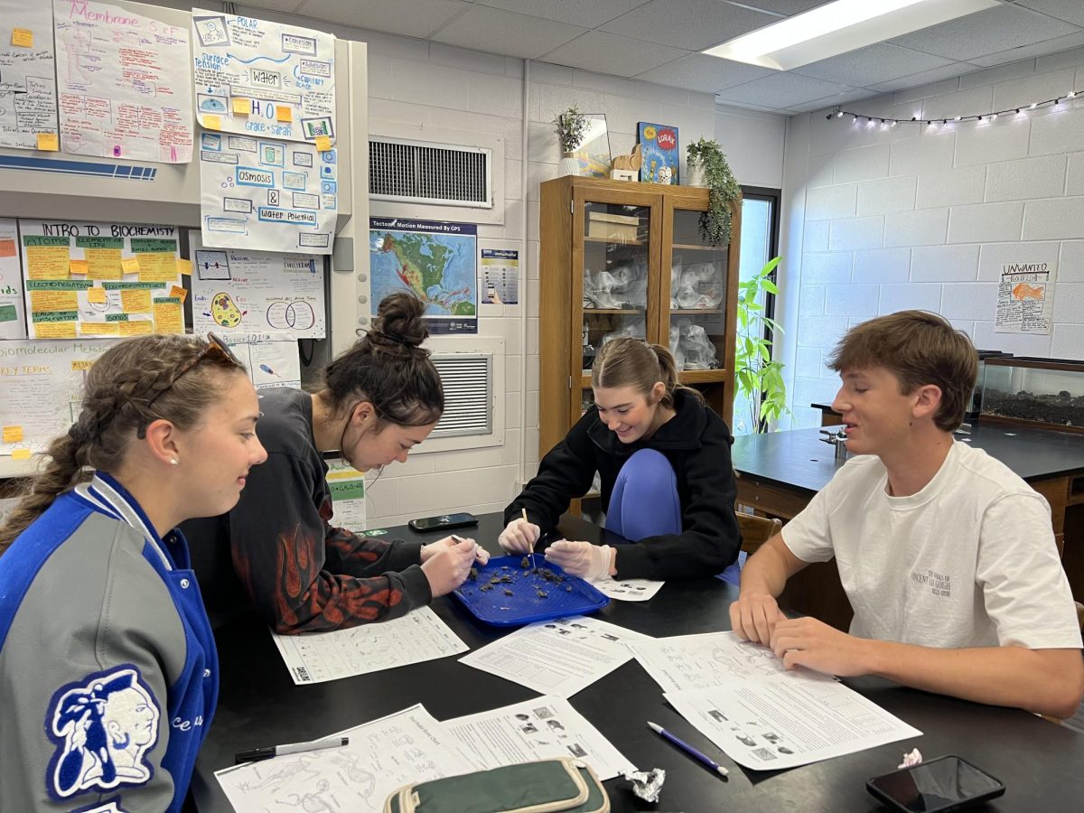 Luke Hagerich and Grace Fellows working with Sarah Perry and Ansley Cordle to fill out their graphs.